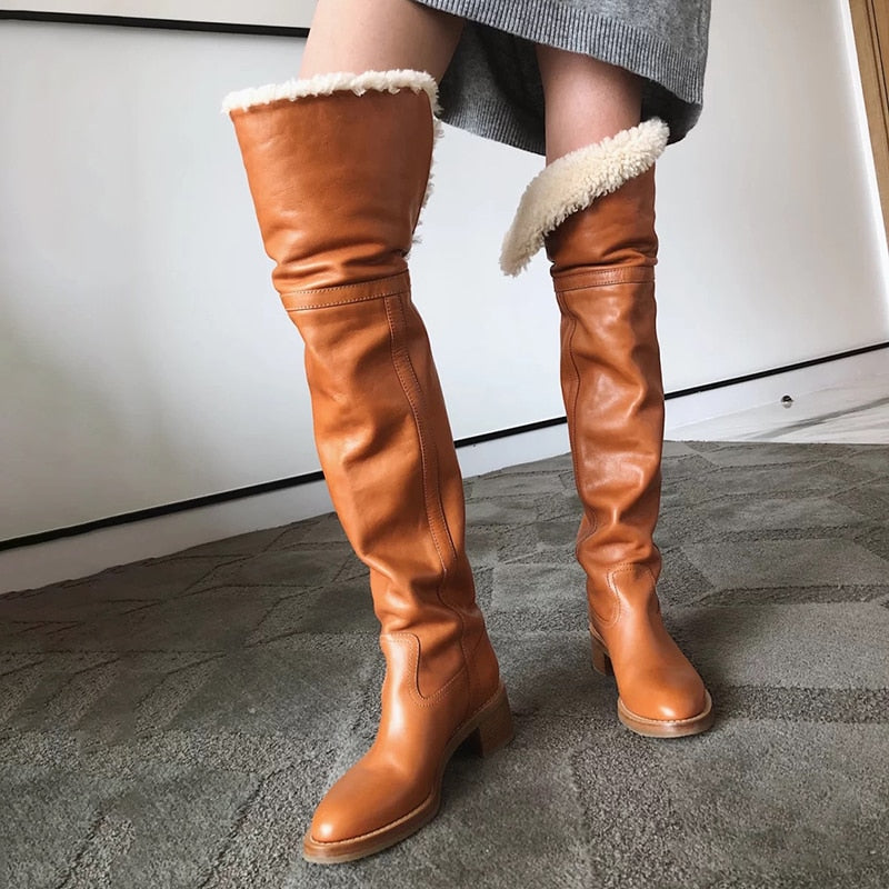 Winter Wool Fur Fold Over Top High Knee Camel Black Leather Boots