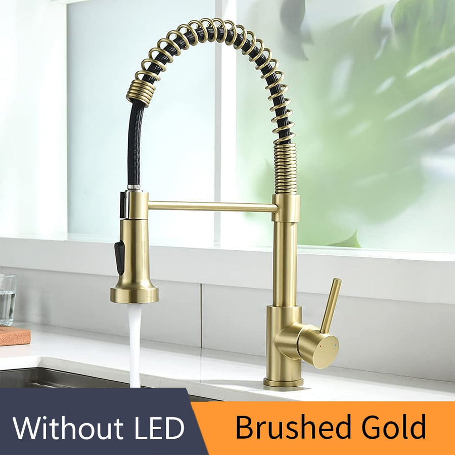 Kitchen Brush Brass Faucets For Kitchen Sink With Single Lever Pull Out Spring Spout