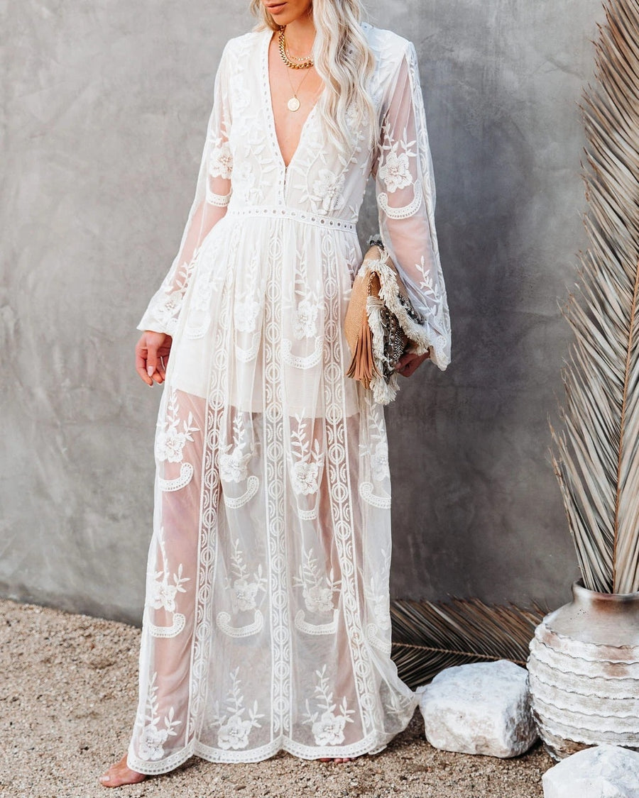 Female Summer Lace Floral Embroidery V-Neck Long Sleeve Street Maxi Dress