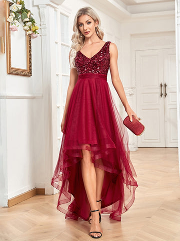 Elegant Luxurious V-Neck Sleeveless Sequin Floor Length Evening Party or Cocktail Dress