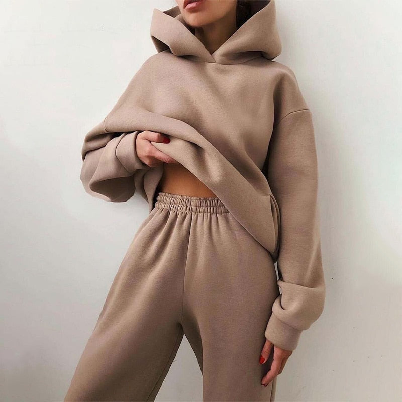 Women's Autumn Warm Hoodie Sweatshirts  Or Tracksuit Suit With Two Oversized Pieces Of Solid Casual Hoody Pullovers And Long Pants