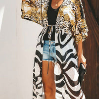 Women Bikini Cover Up Chiffon Beach Kimono With Leopard Printed Long Cape For Summer Beachwear