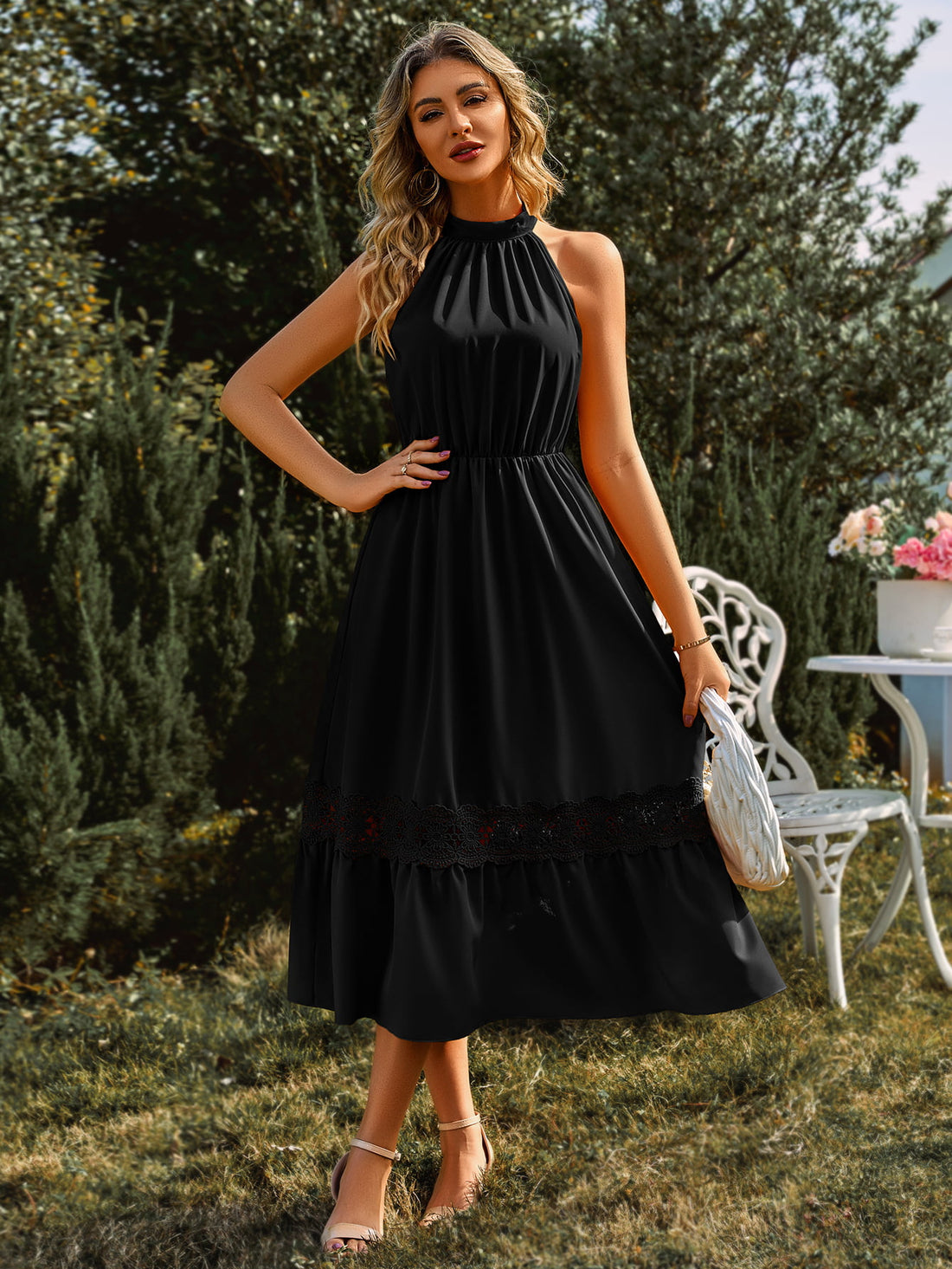 Grecian Neck Spliced Lace Midi Dress