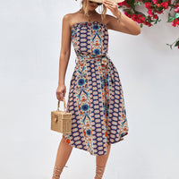 Printed Strapless Tie Belt Dress