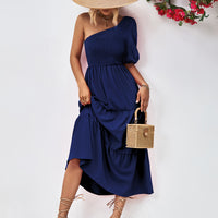 Smocked One-Shoulder Midi Dress