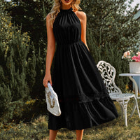 Grecian Neck Spliced Lace Midi Dress