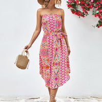 Printed Strapless Tie Belt Dress