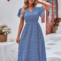 Printed Decorative Button Flutter Sleeve Dress