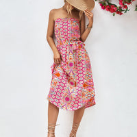 Printed Strapless Tie Belt Dress