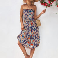 Printed Strapless Tie Belt Dress