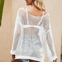 Openwork Round Neck Long Sleeve Cover Up