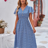 Printed Decorative Button Flutter Sleeve Dress