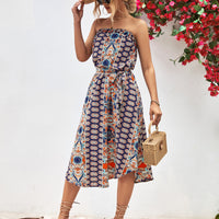 Printed Strapless Tie Belt Dress